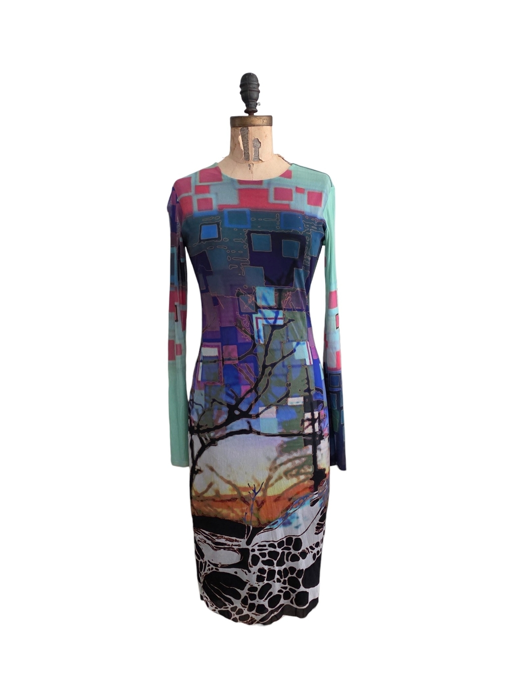 Petit Pois Abstract Landscape Print Long Sleeve Mesh Bodycon Dress M